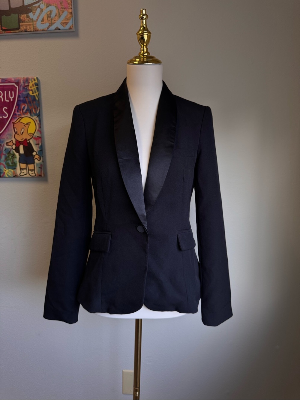 Black Satin-Trim Single-Button Blazer